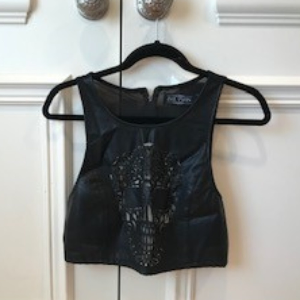 SUPER UNIQUE - black faux leather skull crop top